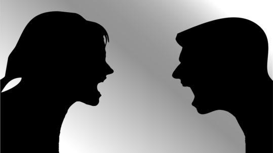 A man and woman face to face with one of them yelling.